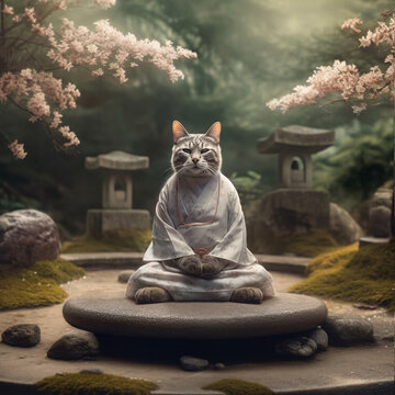 Domestic cat sitting in lotus position and meditating as a zen master in a Japanese garden. 