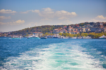 Naklejka na ściany i meble Scenic city view across Bosphorus strait in Istanbul, Turkey