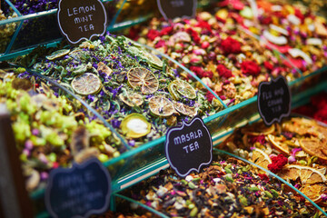 Fototapeta premium Dry fruits and herbal tea on Egyprian market in Eminonu district, European side of Istanbul, Turkey