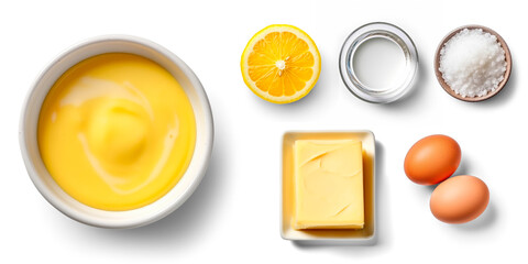 Hollandaise Sauce ingredients Egg yolks, butter, lemon juice, water, salt, transparent