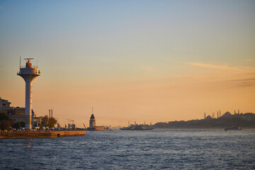 Passenger ferry sails across Bosphorus strait in Istanbul, Turkey