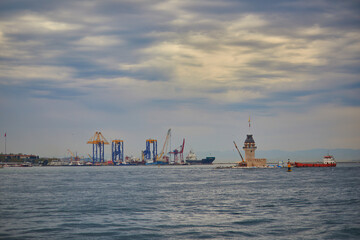 Construction works in Bosphorus strait near Maiden's tower in Istanbul, Turkey