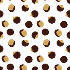 Guarana seeds seamless pattern on white background. Paullinia cupana endless texture in colorful flat illustration for textiles, packaging, wrapping paper. Vector illustration