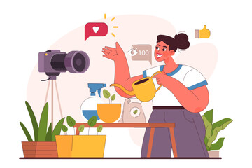 Character enjoy gardening. Woman vlogging about potted house