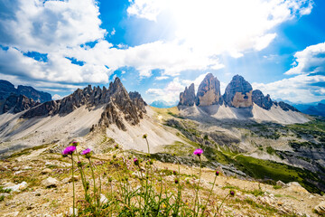 View on beautiful moiuntain range of Monte Paterno and Tre Cime at noon. Tre Cime, Dolomites, South Tirol, Italy, Europe.