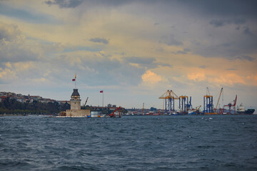 Construction works in Bosphorus strait near Maiden's tower in Istanbul, Turkey