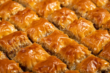 Turkish baklava. Butter walnut baklava. Turkish cuisine delicacies. Close up