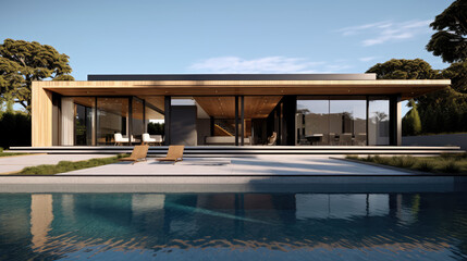 Fototapeta premium Generative ai illustration of external view on a contemporary house with swimming pool