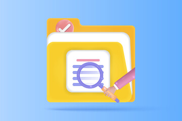 3d searching concept of todo database list management. Searching magnifying, file manager, todo list, safety check mark. 3d vector render with Blue background