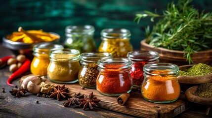 Spices and herbs on wooden table, Generative AI
