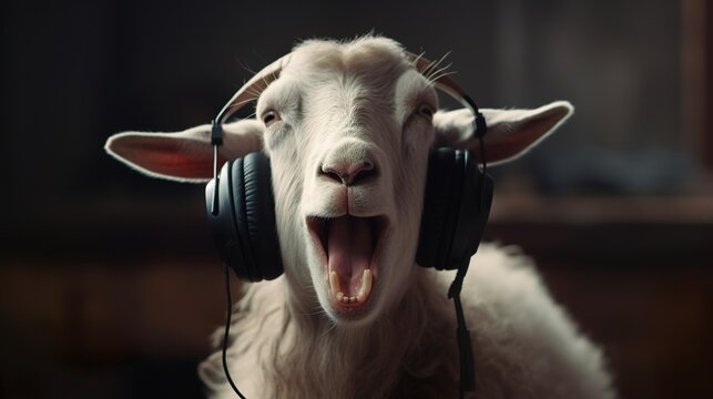 A goat listening to music with headphones on and really enjoying the music, Generative AI