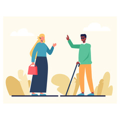 American blind young man with stick and black glasses walking outside and talking with beautiful lady. Daily life of human with special needs concept. Flat vector illustration