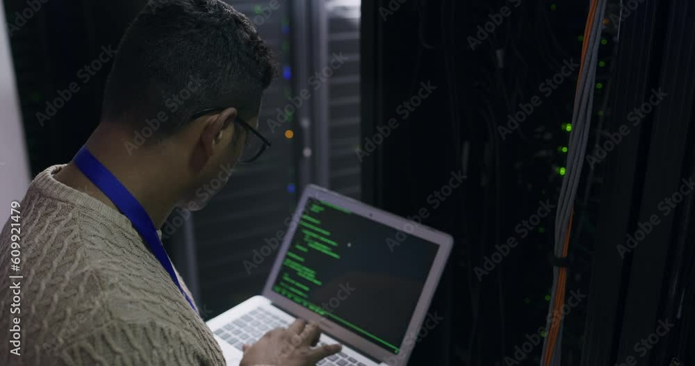 Sticker Man in server room with laptop, coding and network administration, engineer in digital storage for cyber security. Tech employee, system maintenance and technician online in datacenter for ssl update