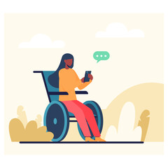 American young lady sitting on wheelchair, holding mobile phone and chatting. Disabled person spending time outside. Recovery process of human with special needs. Flat vector illustration