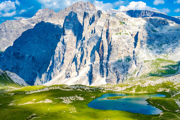 View on Lago dei Piani and Cordei dei Piani in the afternoon. Tre Cime, Dolomites, South Tirol, Italy, Europe.