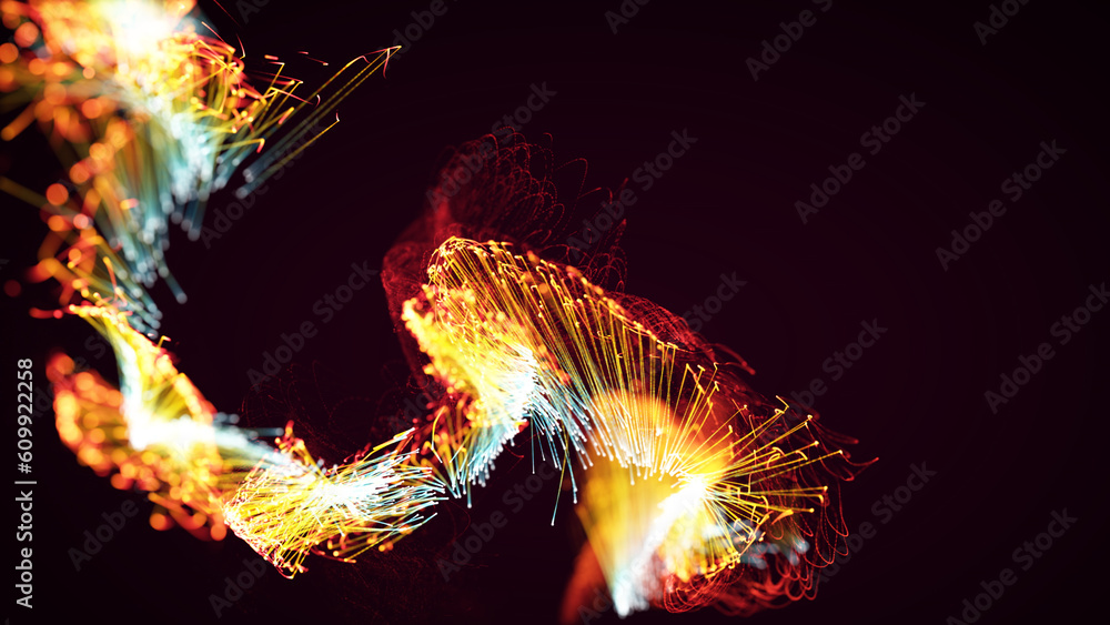Poster 3d rendering of a colorful abstract stylish particle and plexus system on a dark background