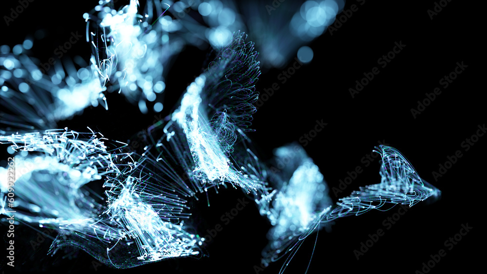 Poster 3d rendering of a colorful abstract stylish particle and plexus system on a dark background