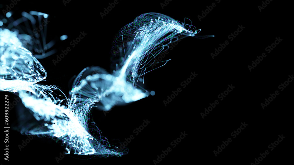 Poster 3d rendering of a colorful abstract stylish particle and plexus system on a dark background