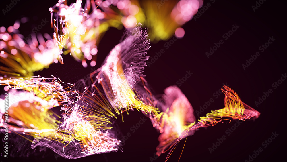 Poster 3d rendering of a colorful abstract stylish particle and plexus system on a dark background