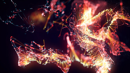 3D rendering of a colorful abstract stylish particle and plexus system on a dark background
