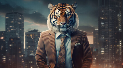 Portrait of a tiger wearing a business suit on a blue background