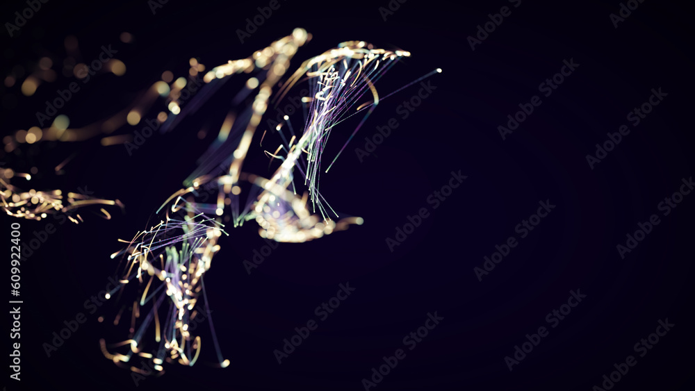 Poster 3d rendering of a colorful abstract stylish particle and plexus system on a dark background