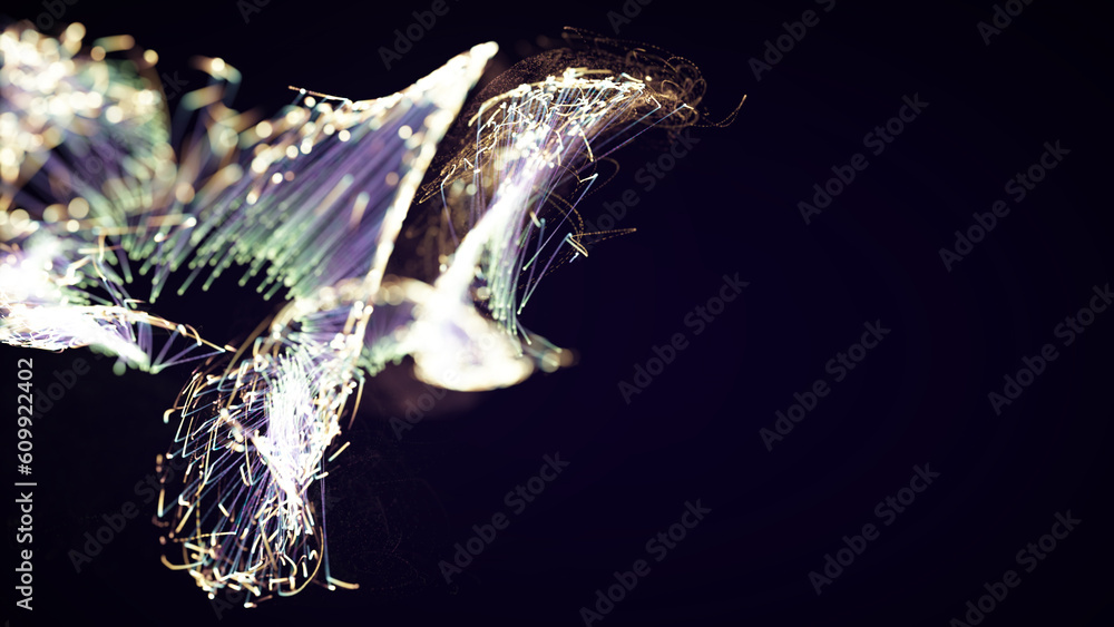 Poster 3d rendering of a colorful abstract stylish particle and plexus system on a dark background