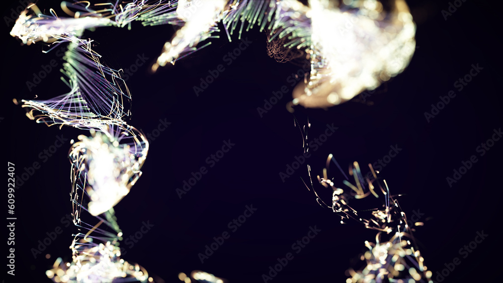 Poster 3d rendering of a colorful abstract stylish particle and plexus system on a dark background