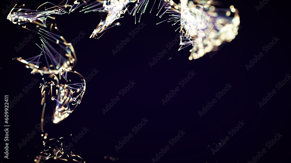 Poster 3d rendering of a colorful abstract stylish particle and plexus system on a dark background