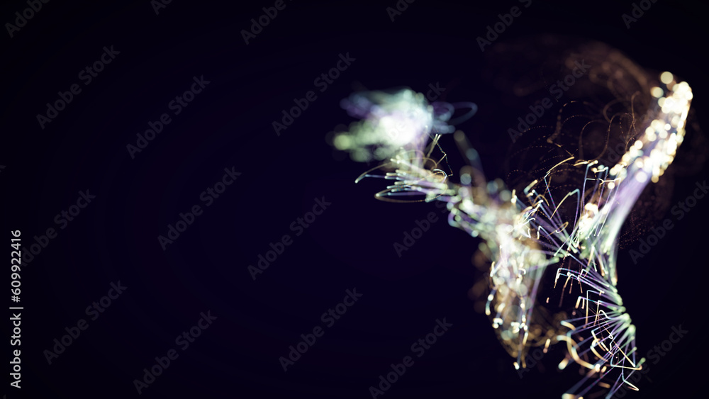 Poster 3d rendering of a colorful abstract stylish particle and plexus system on a dark background