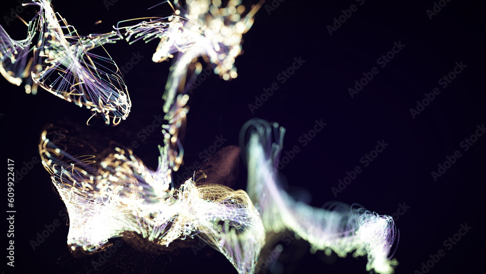 Poster 3d rendering of a colorful abstract stylish particle and plexus system on a dark background