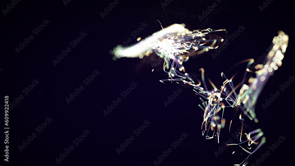 Poster 3d rendering of a colorful abstract stylish particle and plexus system on a dark background