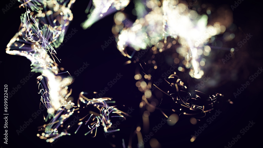 Poster 3d rendering of a colorful abstract stylish particle and plexus system on a dark background