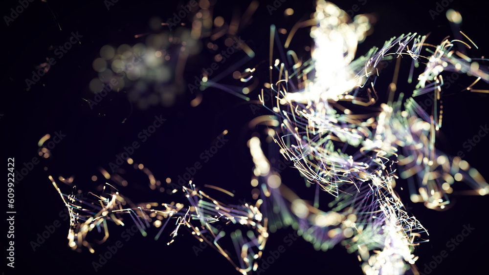 Poster 3d rendering of a colorful abstract stylish particle and plexus system on a dark background