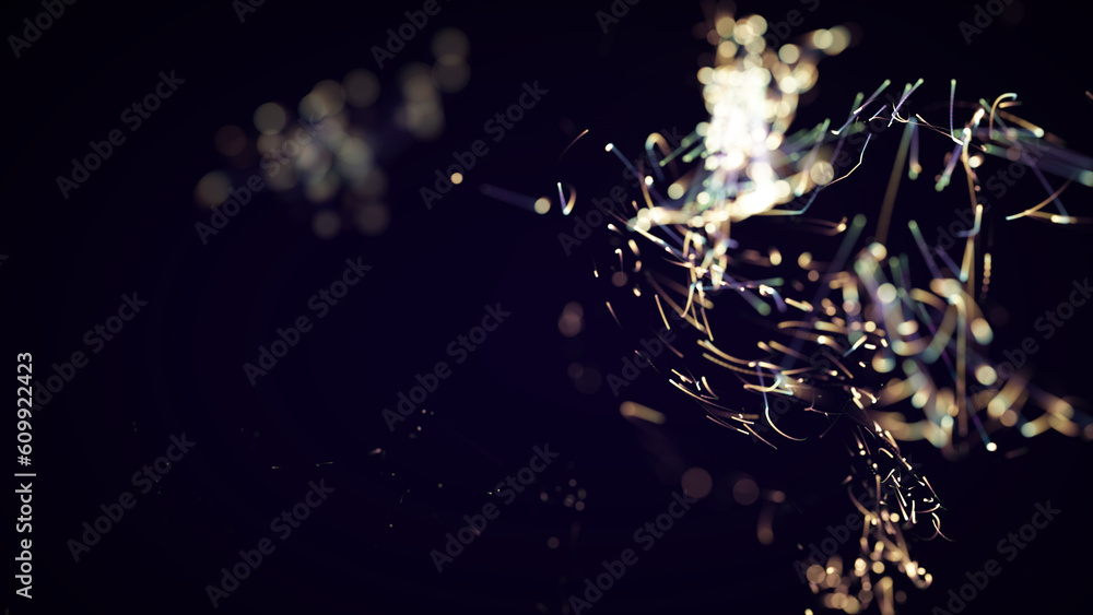 Poster 3d rendering of a colorful abstract stylish particle and plexus system on a dark background