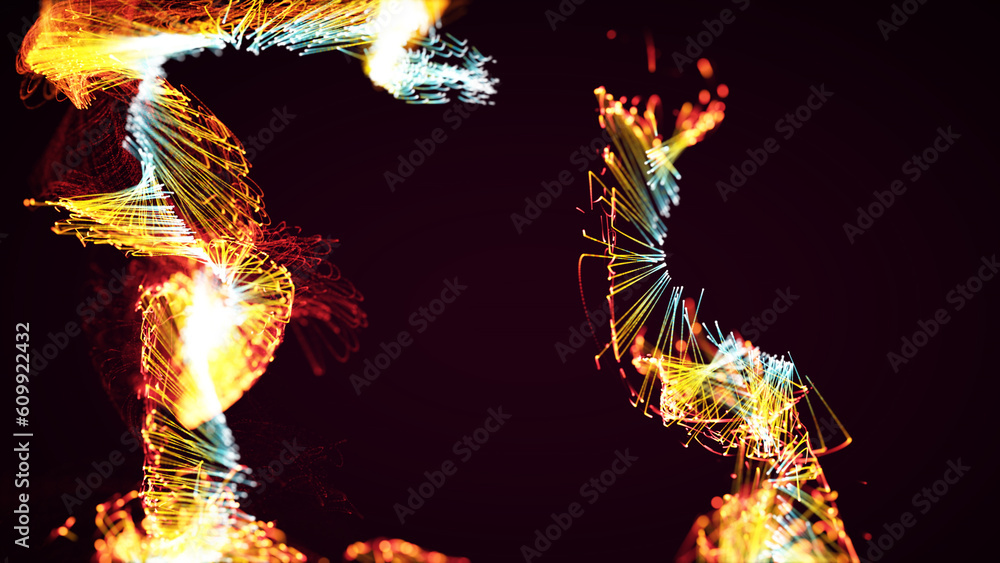 Poster 3d rendering of a colorful abstract stylish particle and plexus system on a dark background