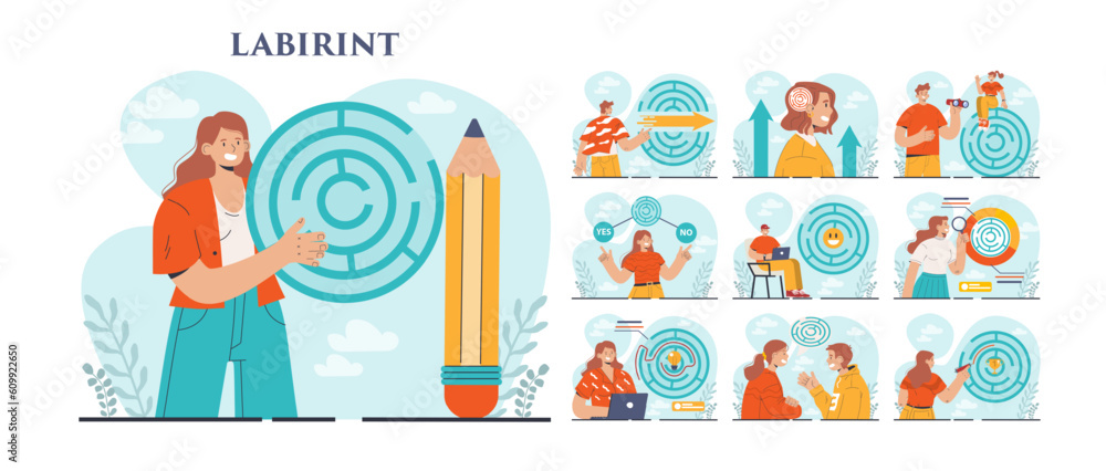 Aufkleber labyrinth concept set. decision-making or problem solving. character
