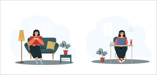 Person working and resting at home, reading books, online working concept, education concept, flat vector illustration