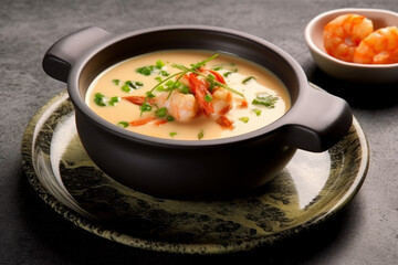 Pumpkin cream soup with shrimp and spicy herbs, AI Generated