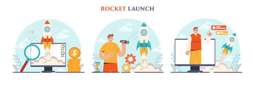 Rocket launch set. Business start up or successful project progress.