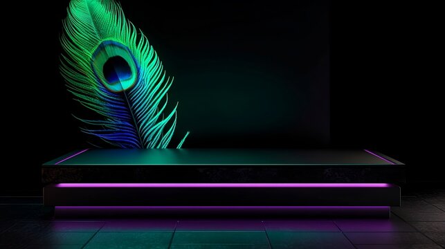 Stage Shelf with peacock feathers Backgrounds. Generative AI