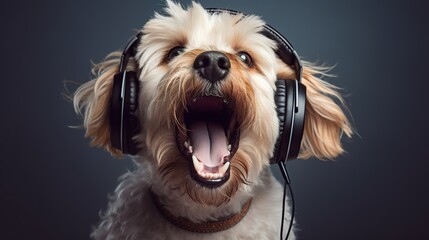 A dog listening to music with headphones on and really enjoying the music, Generative AI