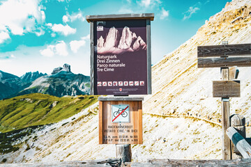 Tre Cime natural park signage. Tre Cime, Dolomites, South Tirol, Italy, Europe.