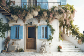 Mediterranean style white elegant house exterior with blue door, window and blooming plant climbing a wall. Modern greek architecture. Traditional villa of Santorini. Generative AI, human enhanced