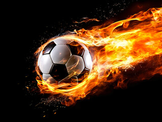 A burning soccer ball flying on a black background, generative AI art