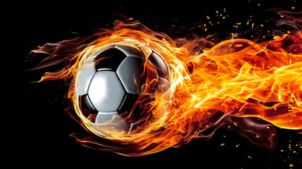 Naklejka premium Flying football on a black background, encompassed by Flames, generative AI