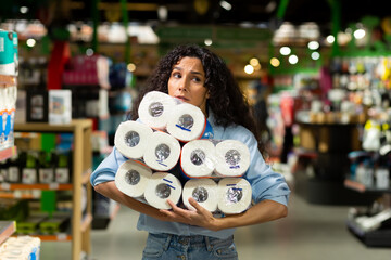 Frightened woman shopper in supermarket buys toilet paper, Latin American woman in crisis and lack...