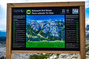 Tre Cime natural park map signage. Tre Cime, Dolomites, South Tirol, Italy, Europe.