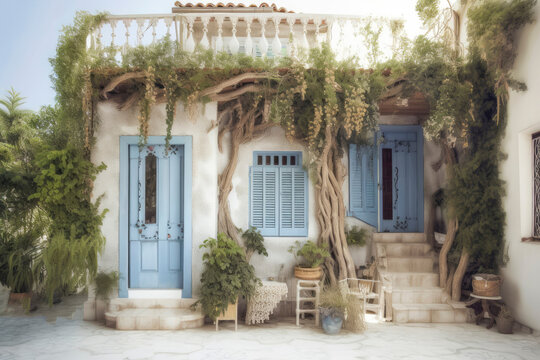 Mediterranean style white elegant house exterior with blue door, window and blooming plant climbing a wall. Modern greek architecture. Traditional villa of Santorini. Generative AI, human enhanced