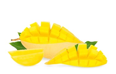 Mango fruits with slices and leaves isolated on white background.